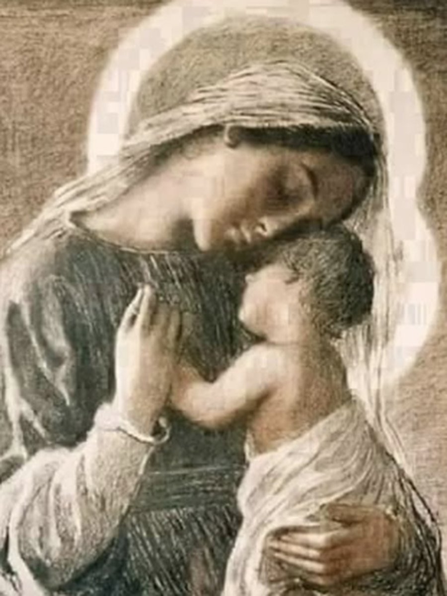 Dibujo en tonos sepia de una madre con su hijo